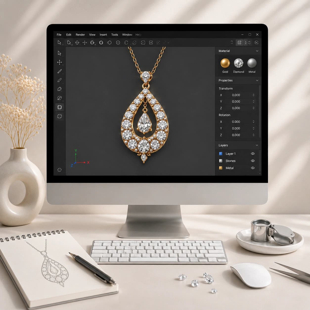 The pendant rendered in gold and diamond on a jewellery design workstation