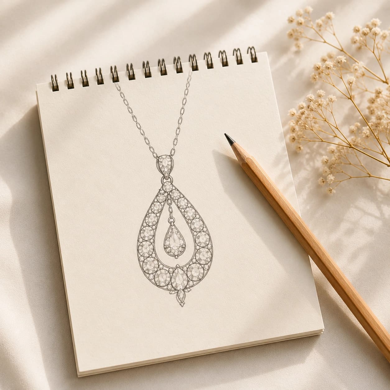 Pencil sketch of a pear-drop diamond pendant on a spiral notepad